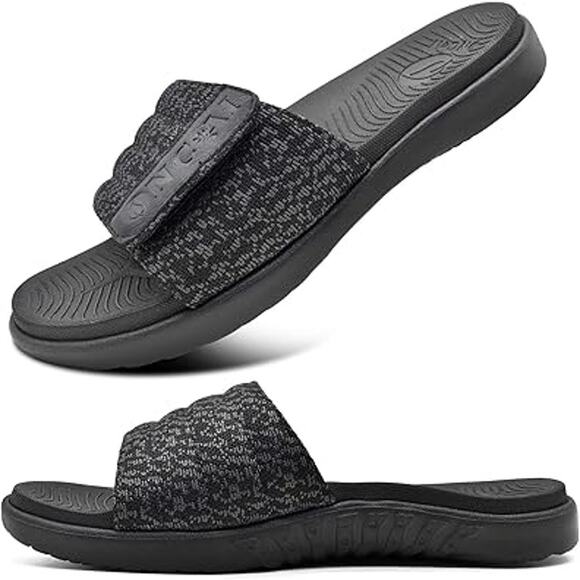 Oncai Mens 11 Black Gray Hook Loop Adjustable Strap Cushioned Slide On Sandals - Picture 1 of 7
